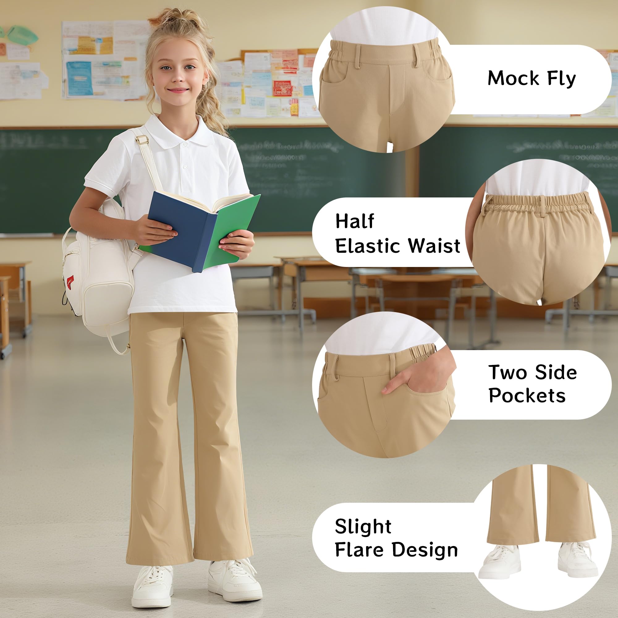 Girls Flare Dress Pants, Bootcut School Uniform Slacks Size 6-15 Years | Half Elastic Waistband, Mock Fly, Belt Loops and Side Pockets for School Uniforms and Everyday Wear