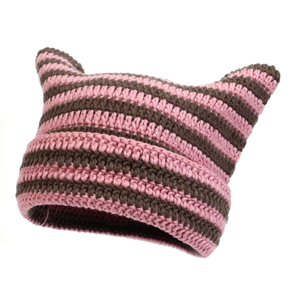 Women’s Hand Knitted Striped Cat Hat – Cute Warm Winter Beanie