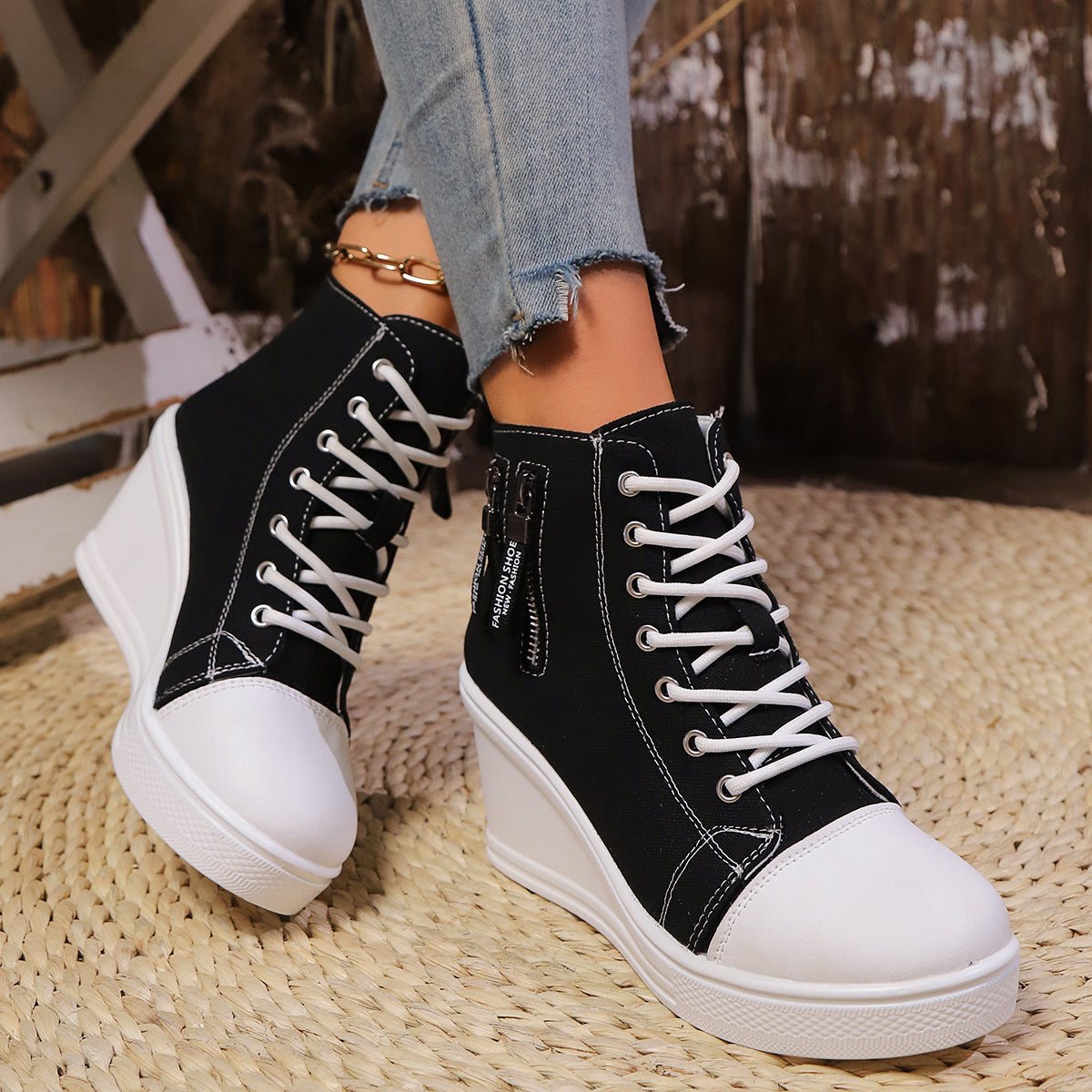Women's Canvas Wedge Platform Lace-Up Sneakers