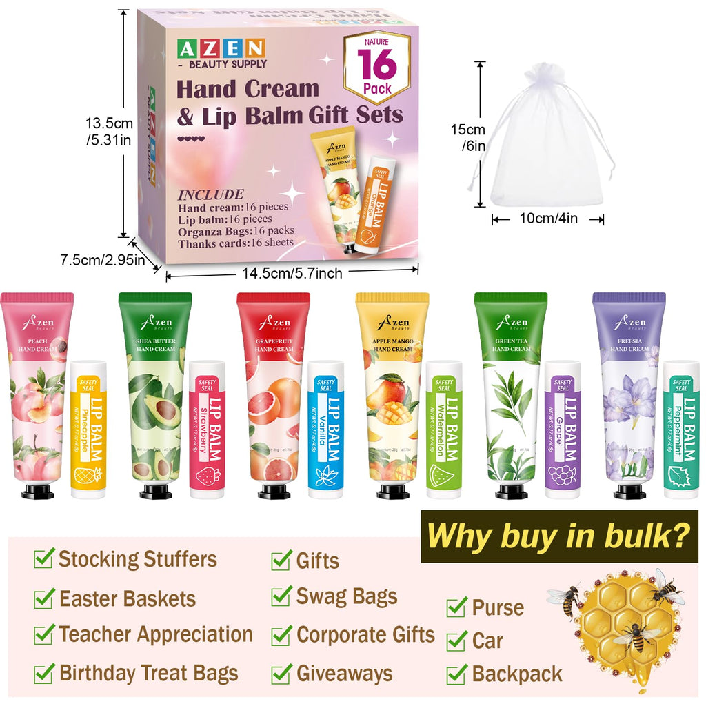 AZEN 8 Sets Bulk Gifts, Hand Cream and Lip Balm Bulk Set with Organza Bag Thank You Card, Baby Shower Wedding Gifts for Guests, Bridal Wedding Favors for Guests,Thank You Gift for Women