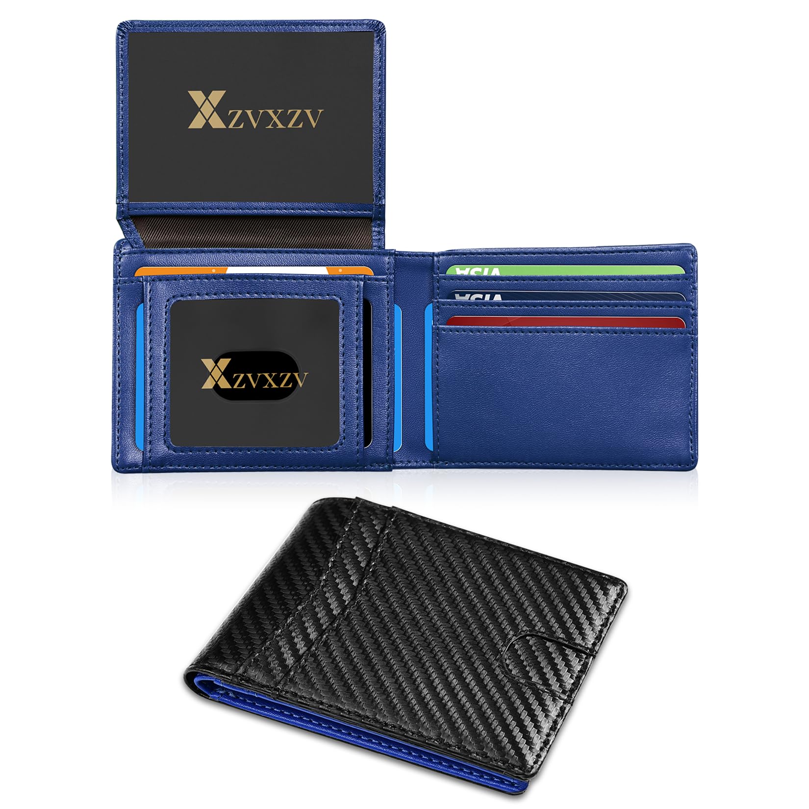 Cartera Ultrafina para Hombre, Billetera de Cuero con Bloqueo RFID, Bifold Elegante con Bolsillo Frontal Delgado Minimalista y 2 Ventanas para Identificación (Negro Carbón y Negro)
