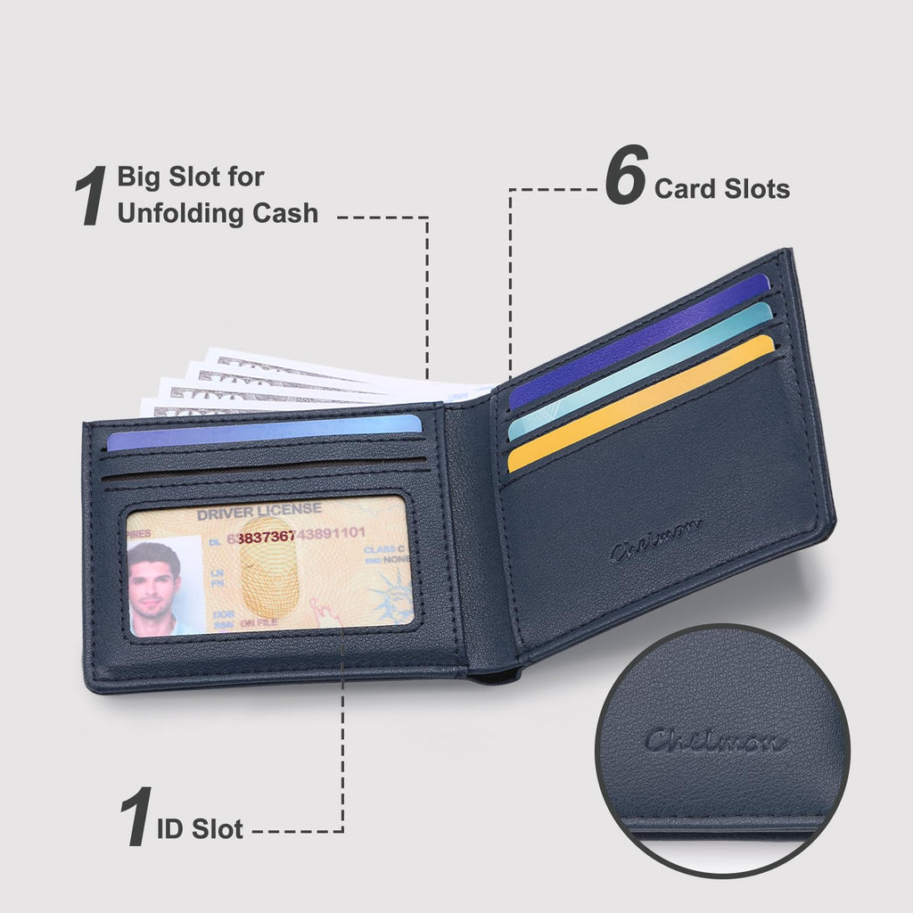 Chelmon Slim Wallet for Men ID Window with RFID Blocking Front Pocket Minimalist Bifold Bussiness Card Holder Gift for Men