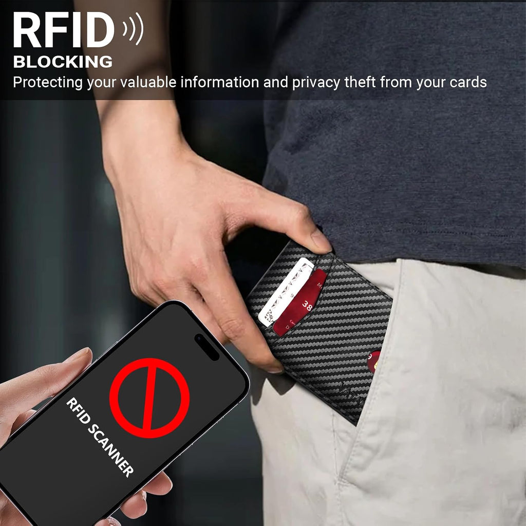 VATAN Wallet for Men Slim RFID Blocking Leather Credit Card Holder Wallet for 15 Cards, Bifold Minimalist Thin Wallet with 2 ID Windows & Cash Slot, With Gift Box (Carbon Fiber Black)
