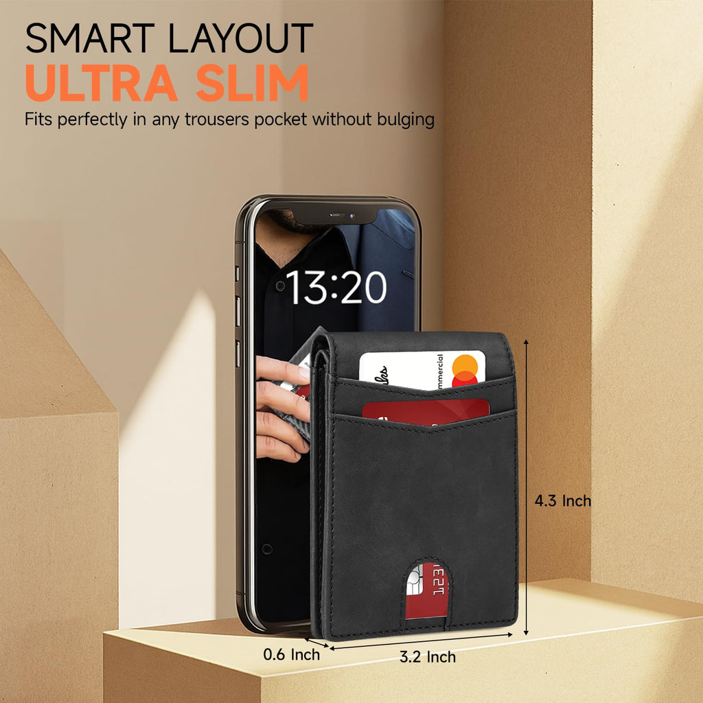 Men's Ultra Thin Wallet Leather RFID Blocking Bifold Stylish Wallet with Slim Minimalist Front Pocket 2 ID Windows (Carbon Black&Black)