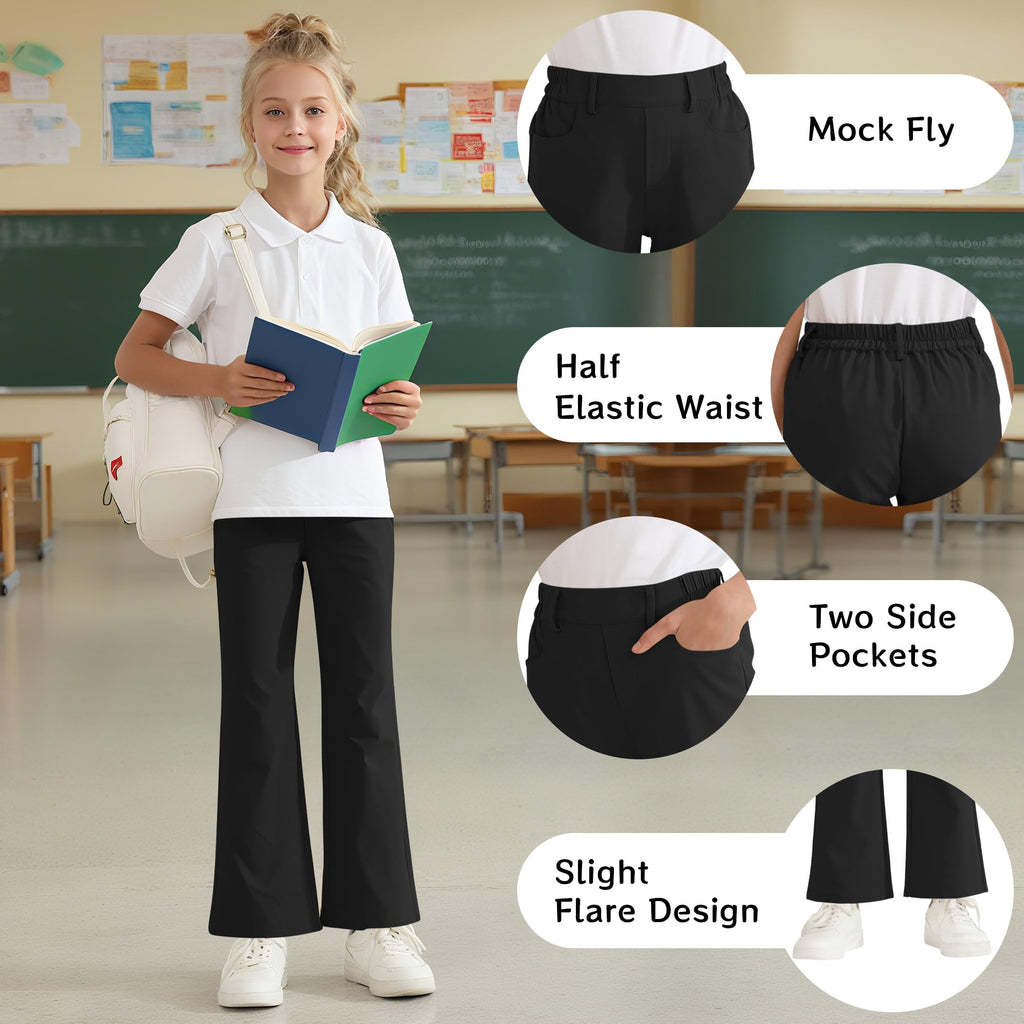 Girls Flare Dress Pants, Bootcut School Uniform Slacks Size 6-15 Years | Half Elastic Waistband, Mock Fly, Belt Loops and Side Pockets for School Uniforms and Everyday Wear