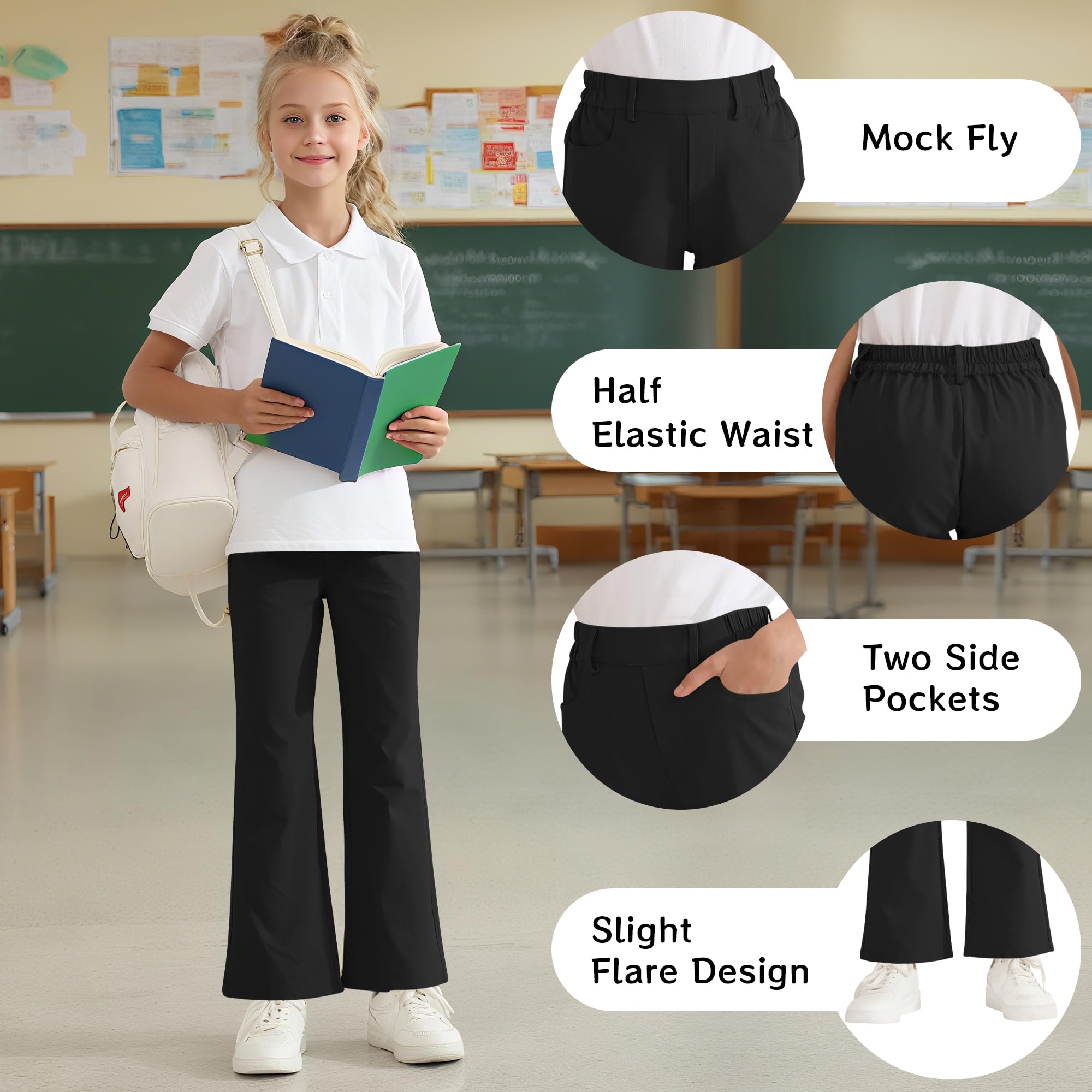 Girls Flare Dress Pants, Bootcut School Uniform Slacks Size 6-15 Years | Half Elastic Waistband, Mock Fly, Belt Loops and Side Pockets for School Uniforms and Everyday Wear