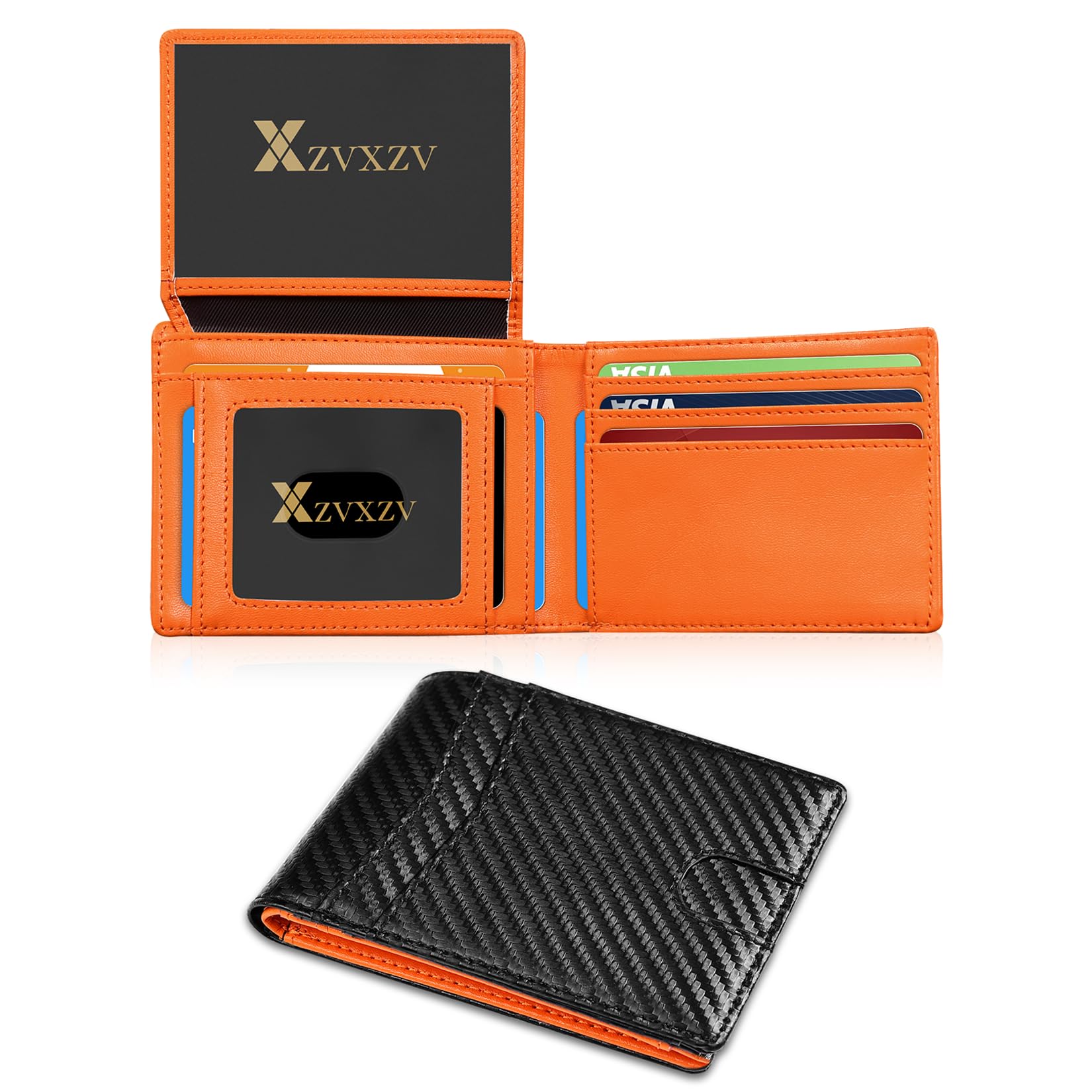 Cartera Ultrafina para Hombre, Billetera de Cuero con Bloqueo RFID, Bifold Elegante con Bolsillo Frontal Delgado Minimalista y 2 Ventanas para Identificación (Negro Carbón y Negro)