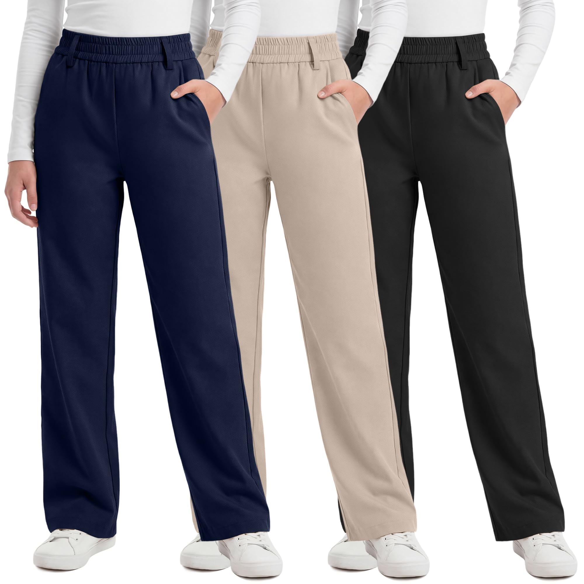 3 Pack Girls' School Uniform Pants | Kids Dress Pants, for 5-14Y Girls, Straight Fit, Elastic Waist, with Pockets, Twill Fabric, Belt Loops, Daily, School, Formal