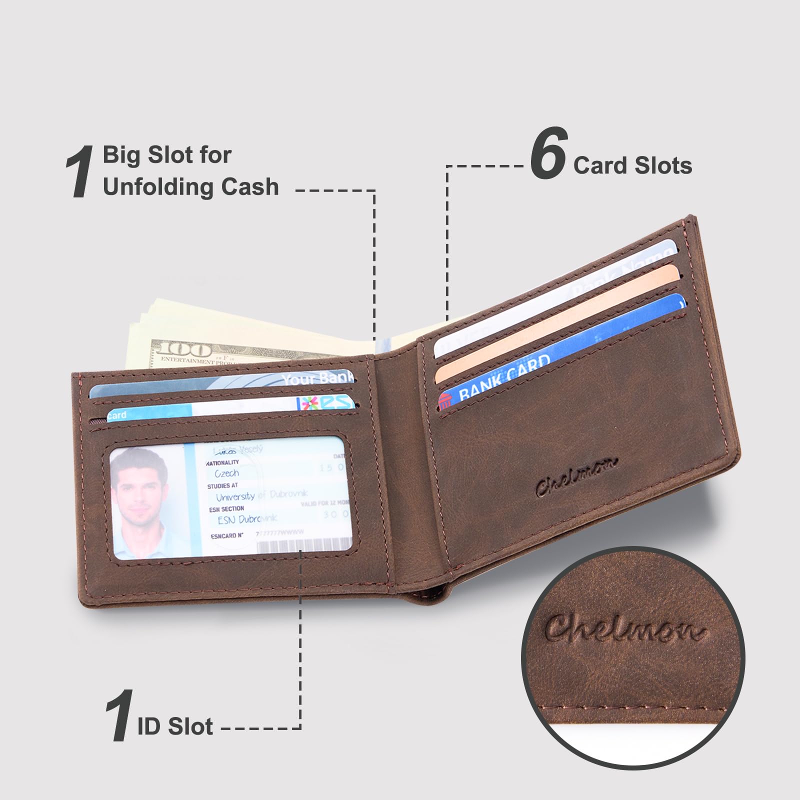 Chelmon Slim Wallet for Men ID Window with RFID Blocking Front Pocket Minimalist Bifold Bussiness Card Holder Gift for Men