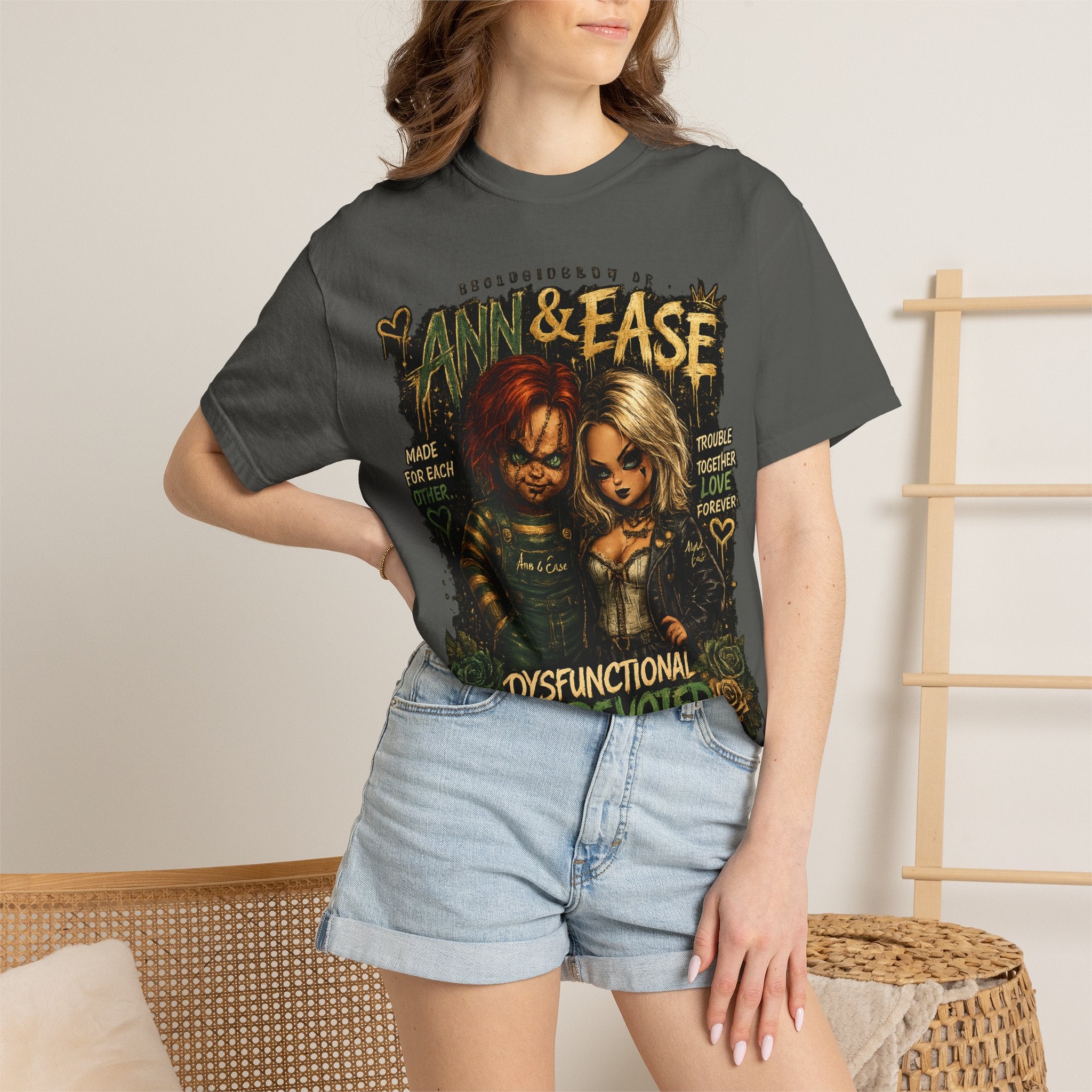 T-Shirt — "Ann & Ease: Dysfunctional But Devoted" Horror Couple Graphic Tee