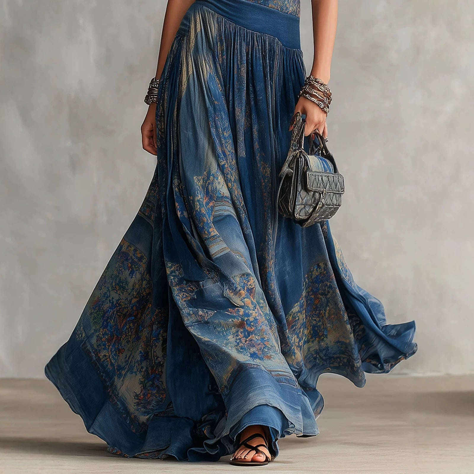 Women's Navy Blue Artistic Print Sleeveless Fitted Bodice Swing Maxi Dress