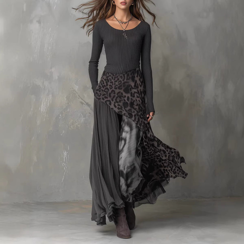 Women's Leopard Print Ribbed Knit Maxi Dress – Long Sleeve High Waist Full Skirt