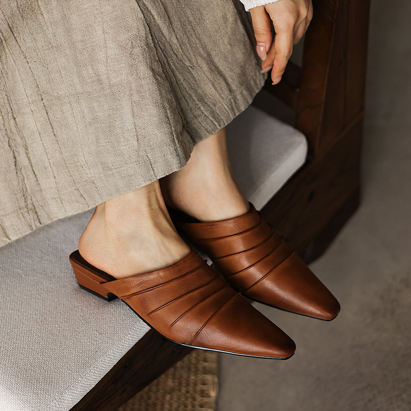 Handmade Sheepskin Ruched Mule Slides – Square Toe Low Heel