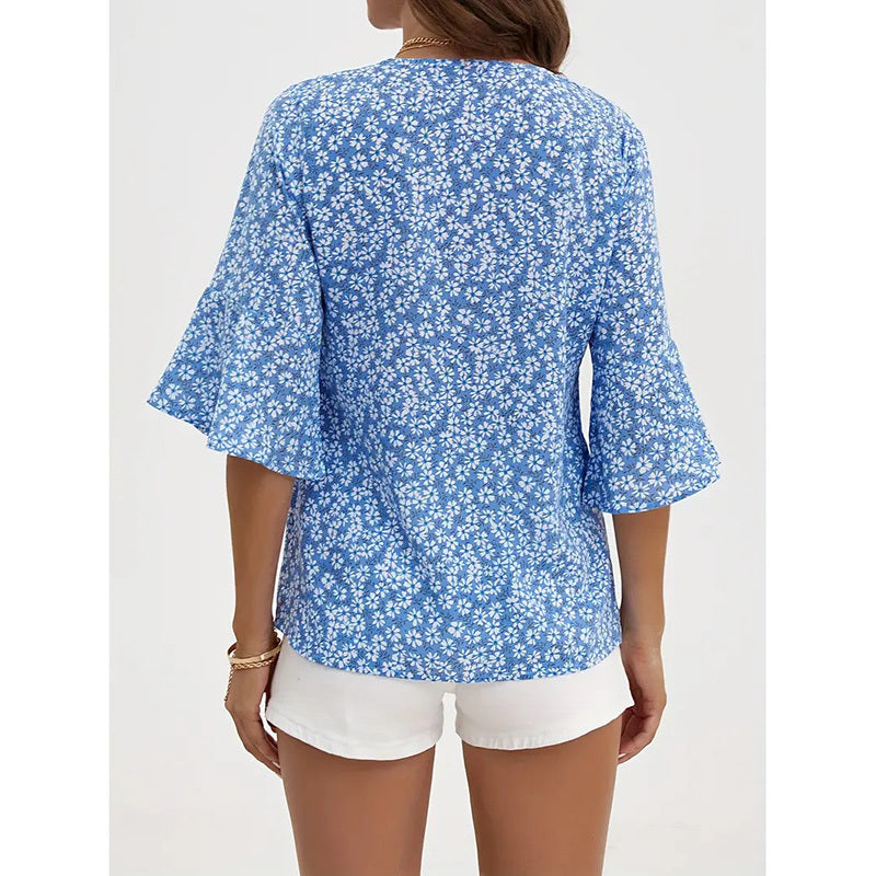 Womens Summer Floral Print Blouses V-Neck Flare Sleeve Tops