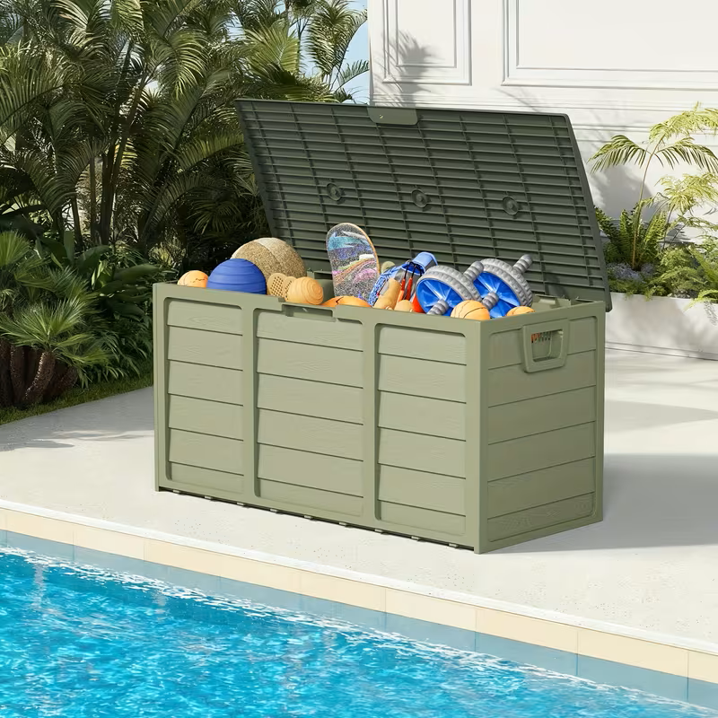 Arcón exterior de alta resistencia de 75 galones – Caja de almacenamiento para patio impermeable con tapa con bisagras, cerradura y fácil montaje