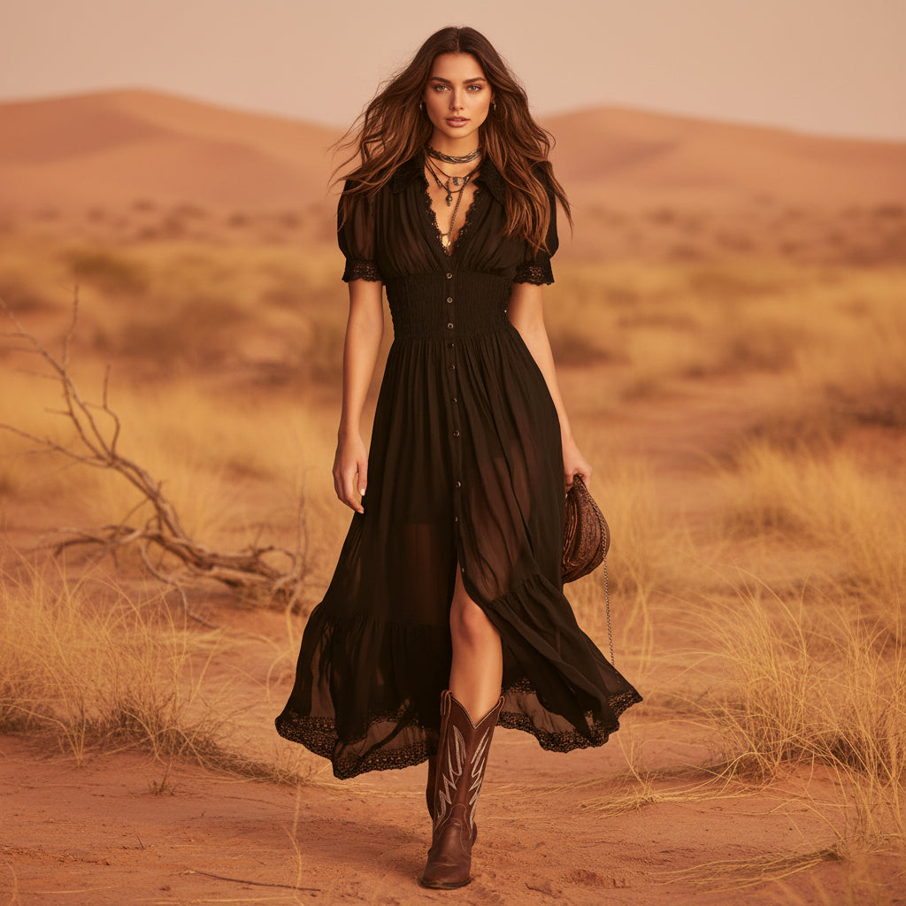 Women's Short Sleeve Bodycon Maxi Dress | Ruffled Hem Side Slit Dark Chic Dress in Black
