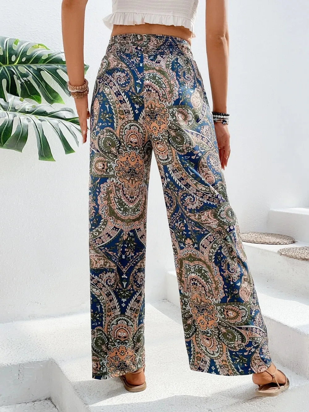 Women's Paisley Print Wide-Leg Pants – Boho Smocked Elastic Waist Tie-Up Flowy Trousers