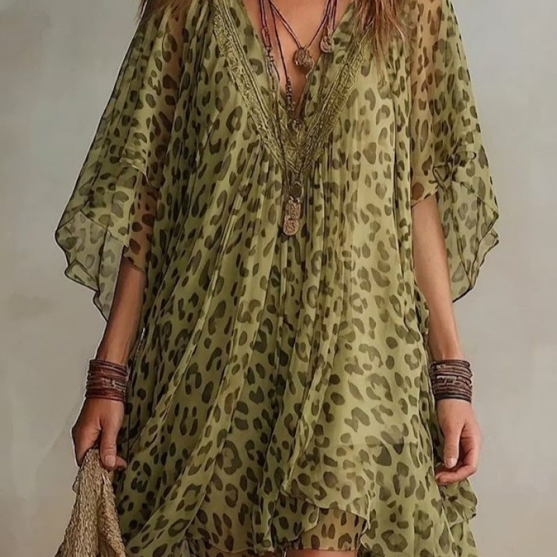 Women's V-Neck Leopard Print Chiffon Beach Cover-Up Dress