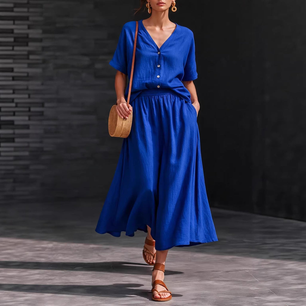 Women's V-Neck Button-Up Top & Long Skirt Set