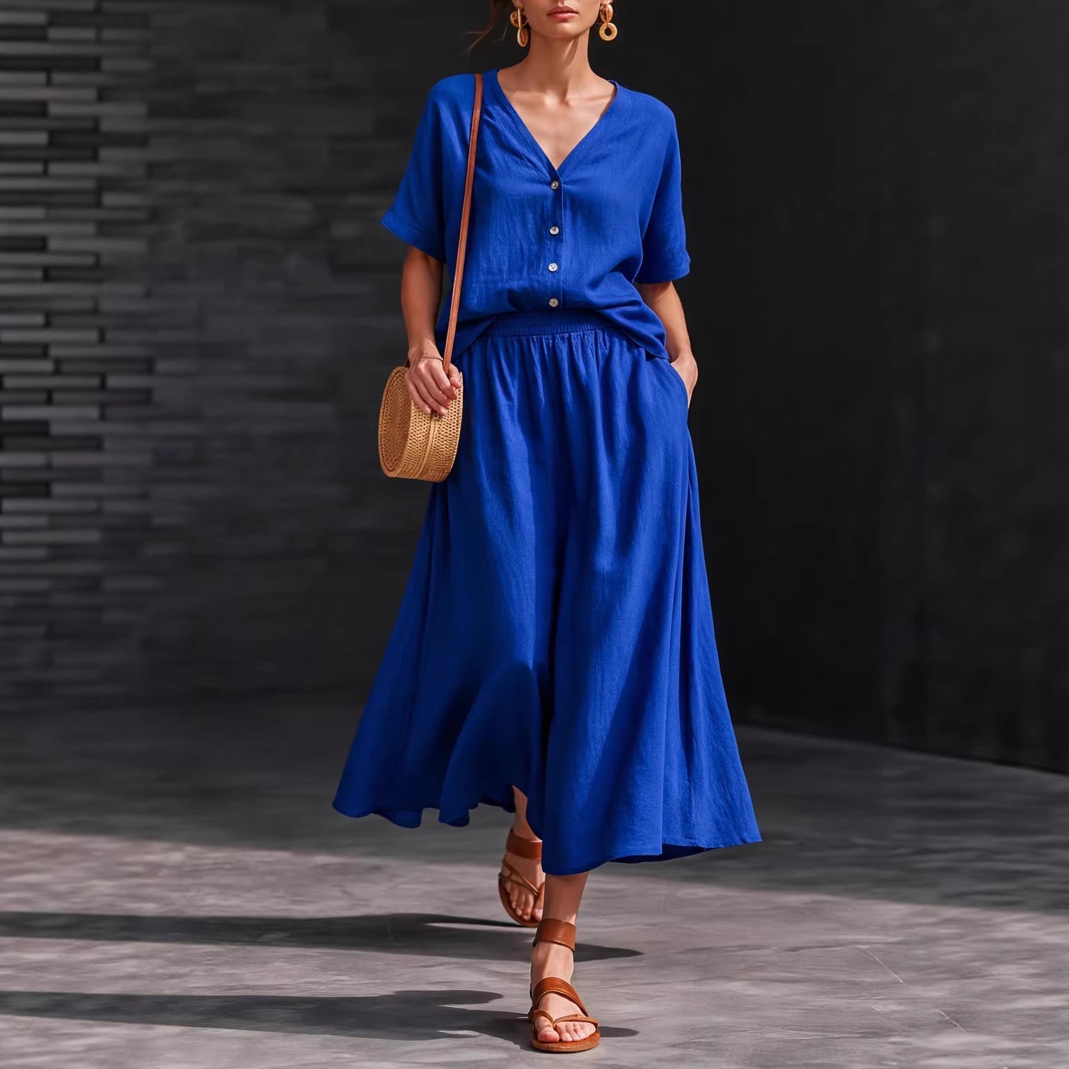 Women's V-Neck Button-Up Top & Long Skirt Set