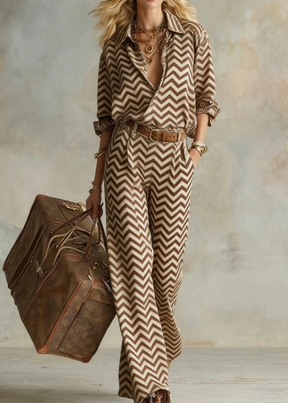 Women's Vertical Stripe Collared Loose Long-Sleeve Shirt & Wide-Leg Pants Set