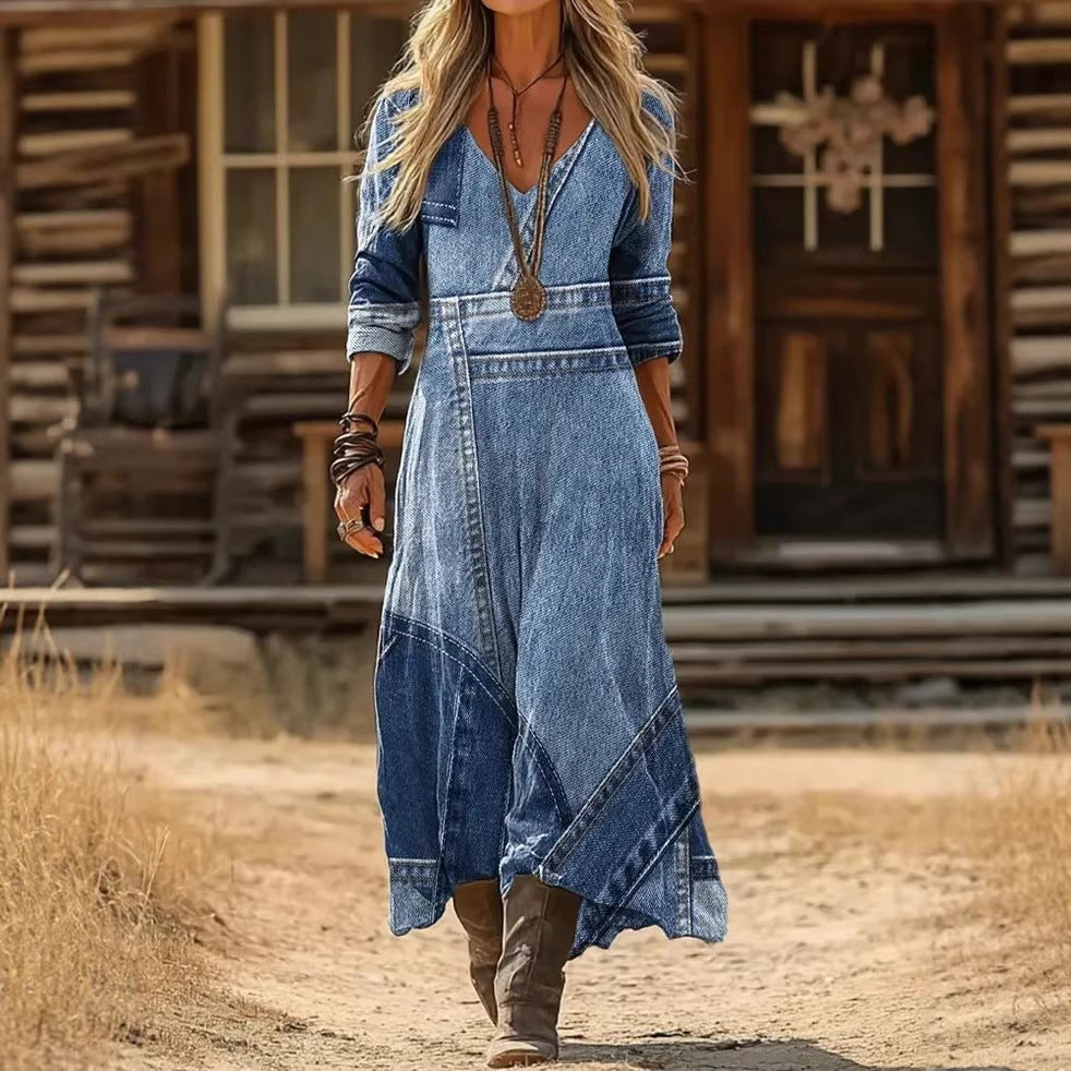 Women's Retro Chic 3D Print V-Neck Long-Sleeve A-Line Dress