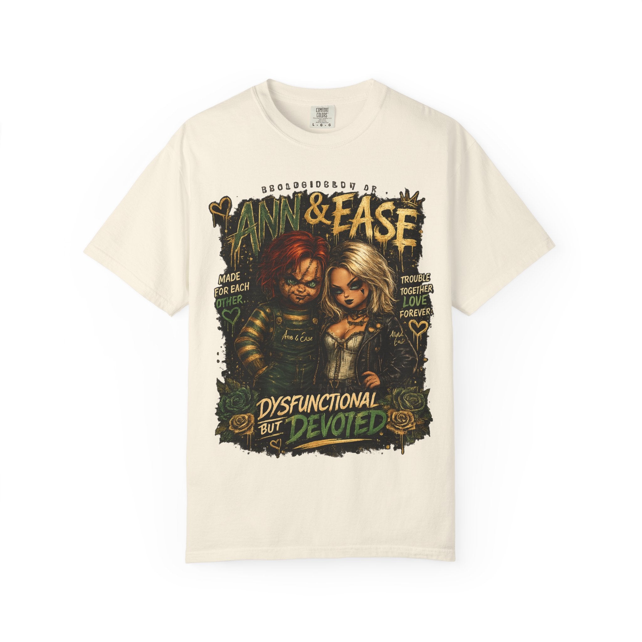 T-Shirt — "Ann & Ease: Dysfunctional But Devoted" Horror Couple Graphic Tee