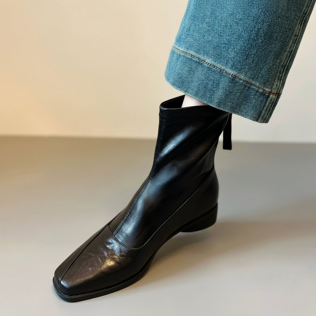 Women's French Retro Genuine Leather Square Toe Block Heel Ankle Boots