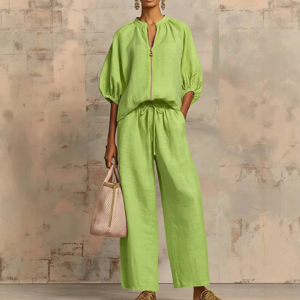 Women's Casual Loose Zipper Round Neck Wide-Leg Pants Set
