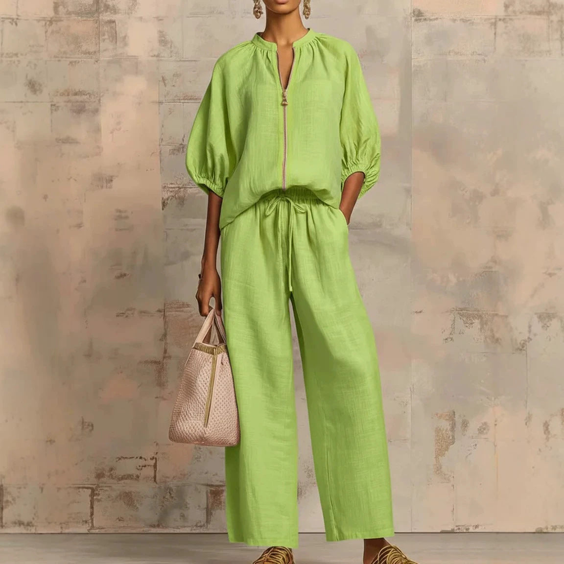 Women's Casual Loose Zipper Round Neck Wide-Leg Pants Set
