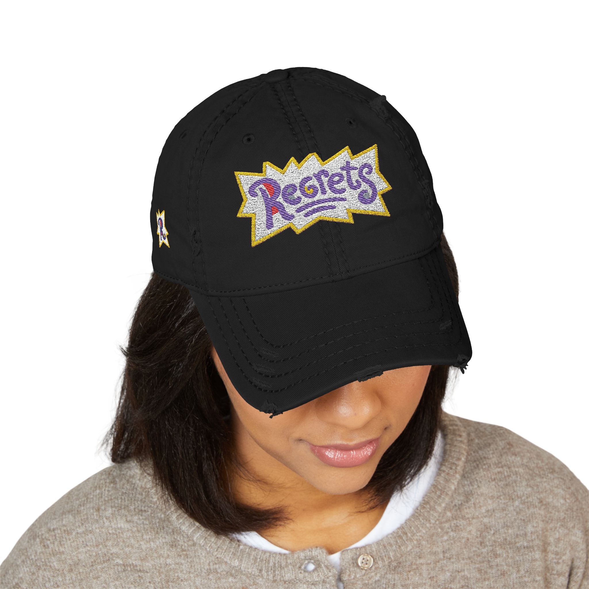 Distressed Embroidered 'Regrets' Dad Hat - Vintage Streetwear Cap
