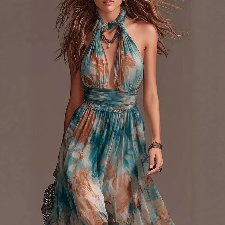 Women's Halter Neck Backless Ink Print Maxi Dress | Vacation Long Dress