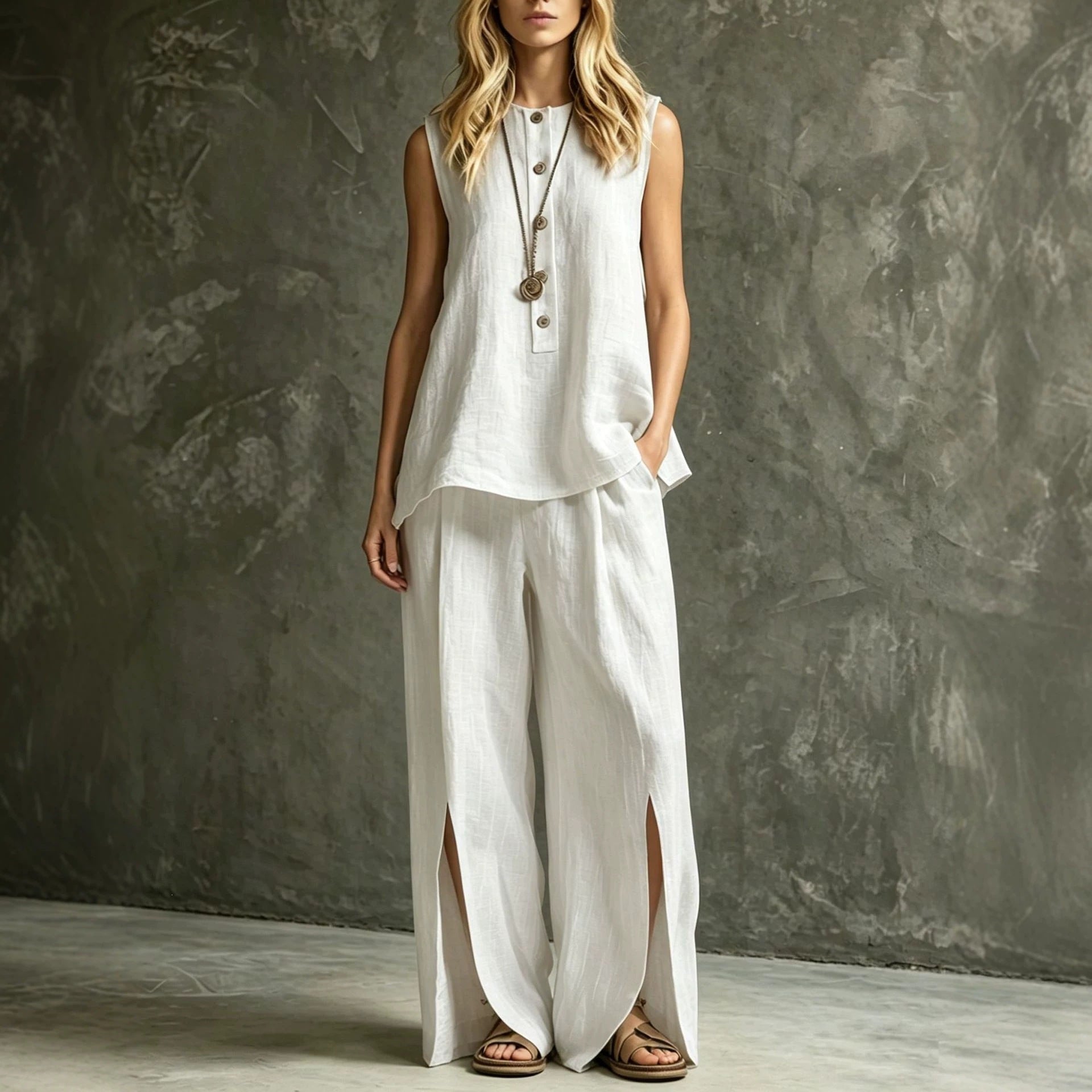 Women's Loose Sleeveless Tank Top & Slit Wide-Leg Pants Two-Piece Set