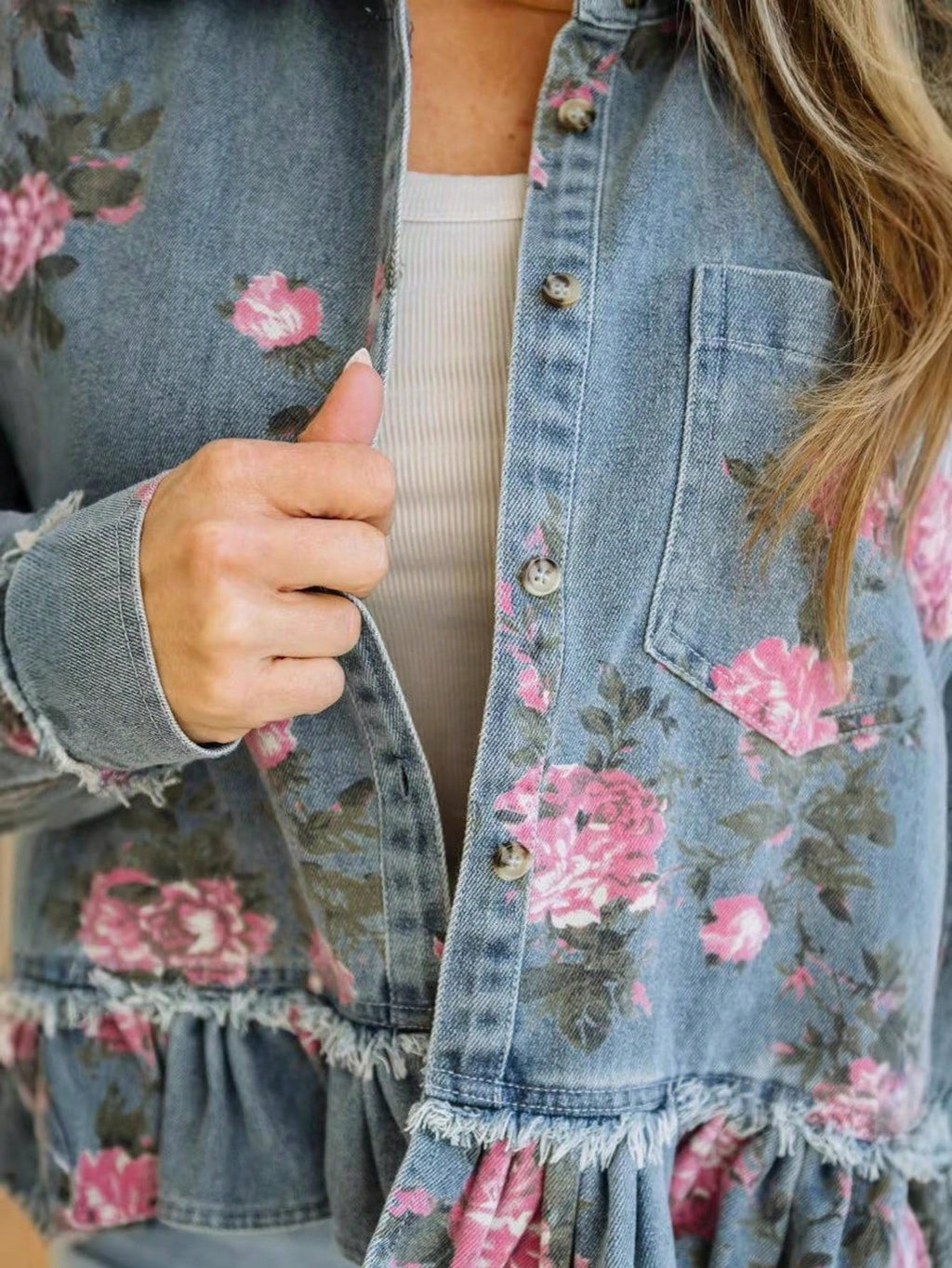 Women's Retro Floral Print Denim Jacket – Long Sleeve Collared Ruffled Hem Short Jacket