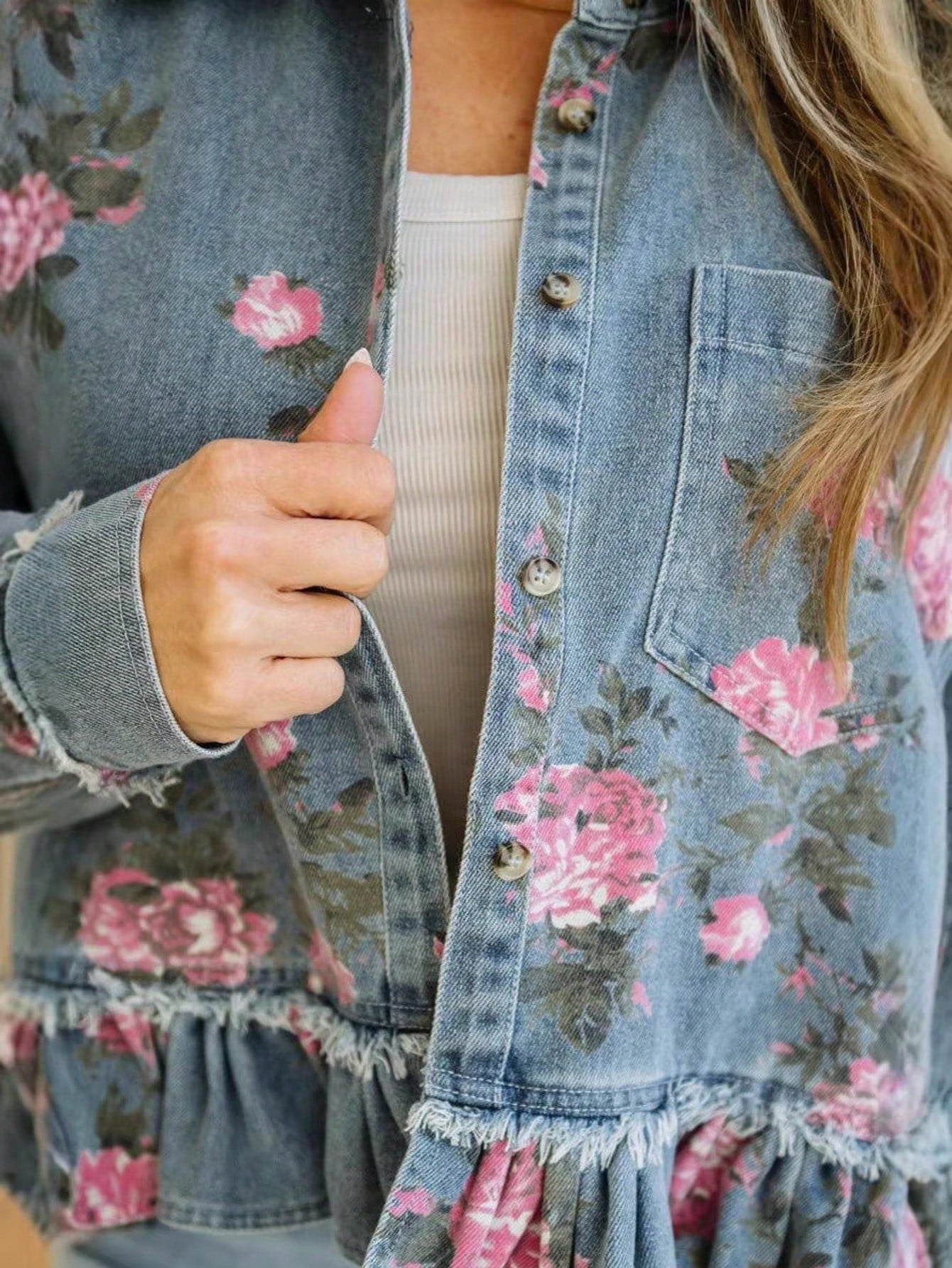 Women's Retro Floral Print Denim Jacket – Long Sleeve Collared Ruffled Hem Short Jacket