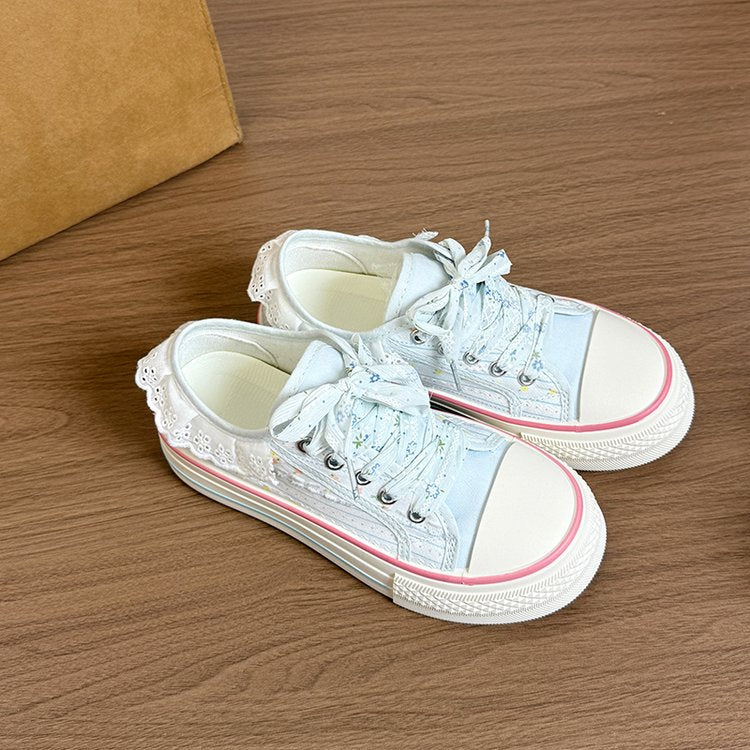 Women's Lace Frill Floral Embroidery Canvas Sneakers – Low-Top Lace-Up