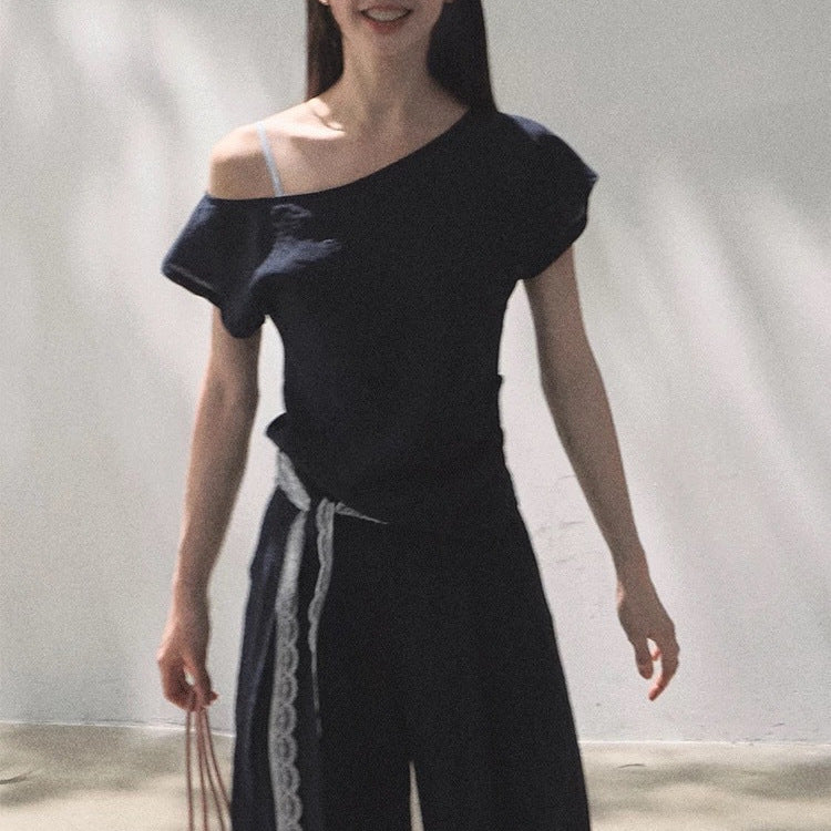 Linen Off-Shoulder Asymmetric Casual Set – 2 Colors, S–L