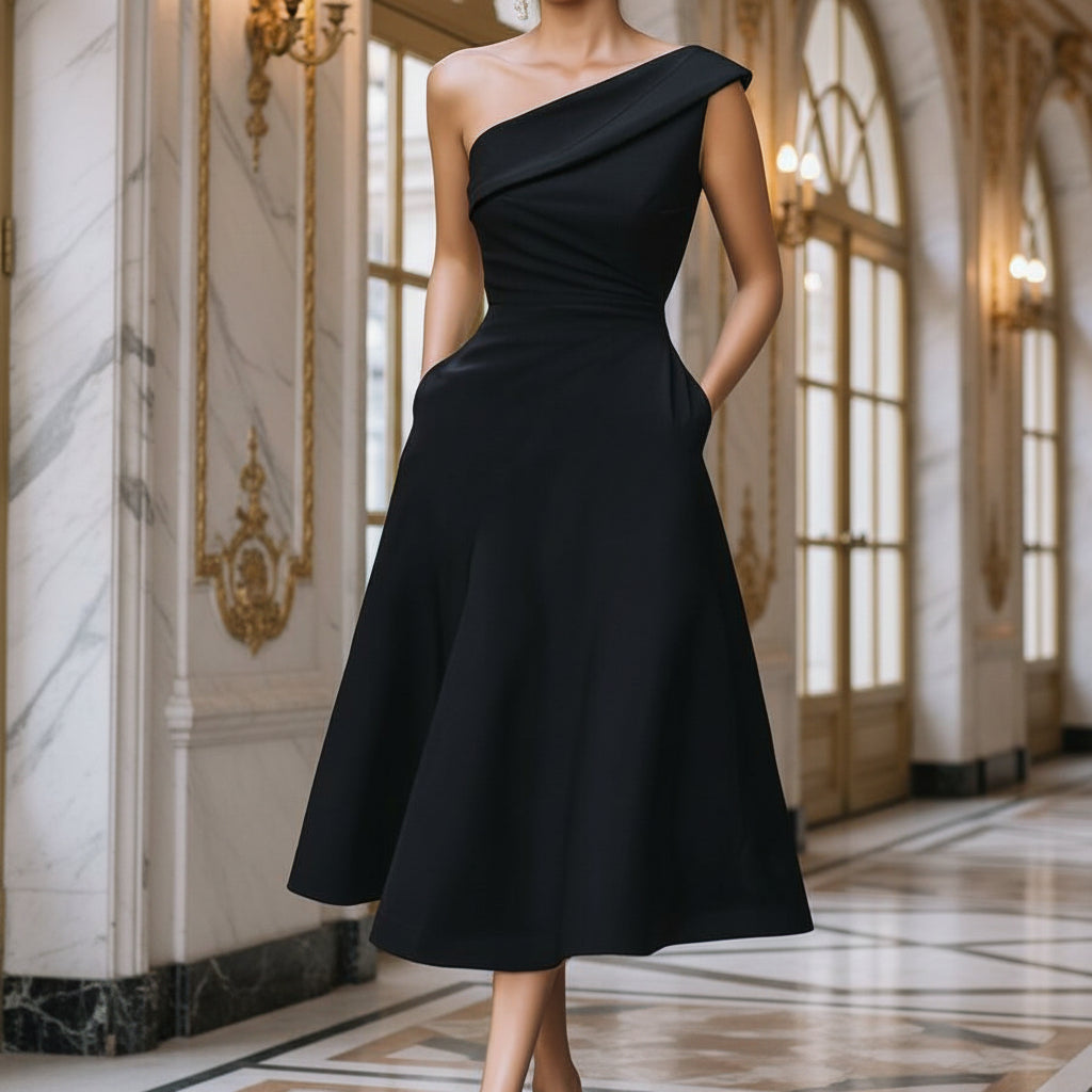 Women's Off-Shoulder Swing Dress – Solid Color Flowy Midi