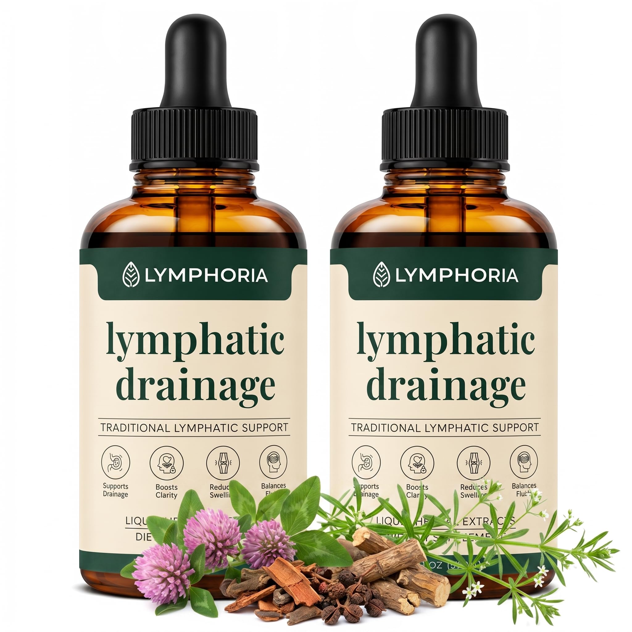Gotas para drenaje linfático para aliviar la hinchazón y desinflamar – Galio, Trébol rojo, Raíz de stillingia y Corteza de fresno espinoso – Desintoxicación de ganglios linfáticos, retención de líquidos – Sin alcohol, Vegano, 2 fl oz