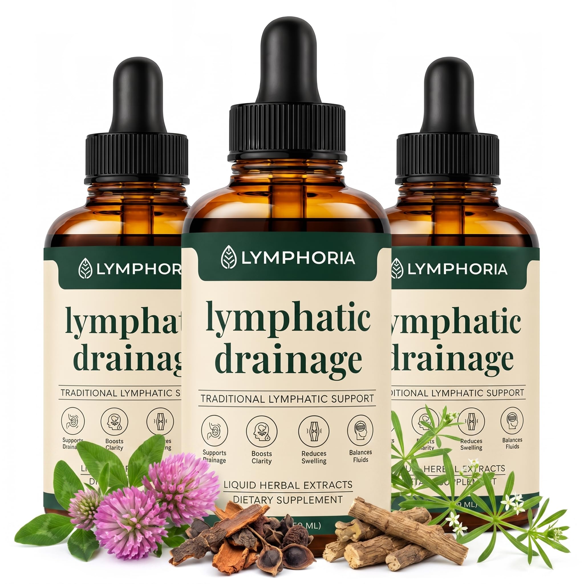 Gotas para drenaje linfático para aliviar la hinchazón y desinflamar – Galio, Trébol rojo, Raíz de stillingia y Corteza de fresno espinoso – Desintoxicación de ganglios linfáticos, retención de líquidos – Sin alcohol, Vegano, 2 fl oz