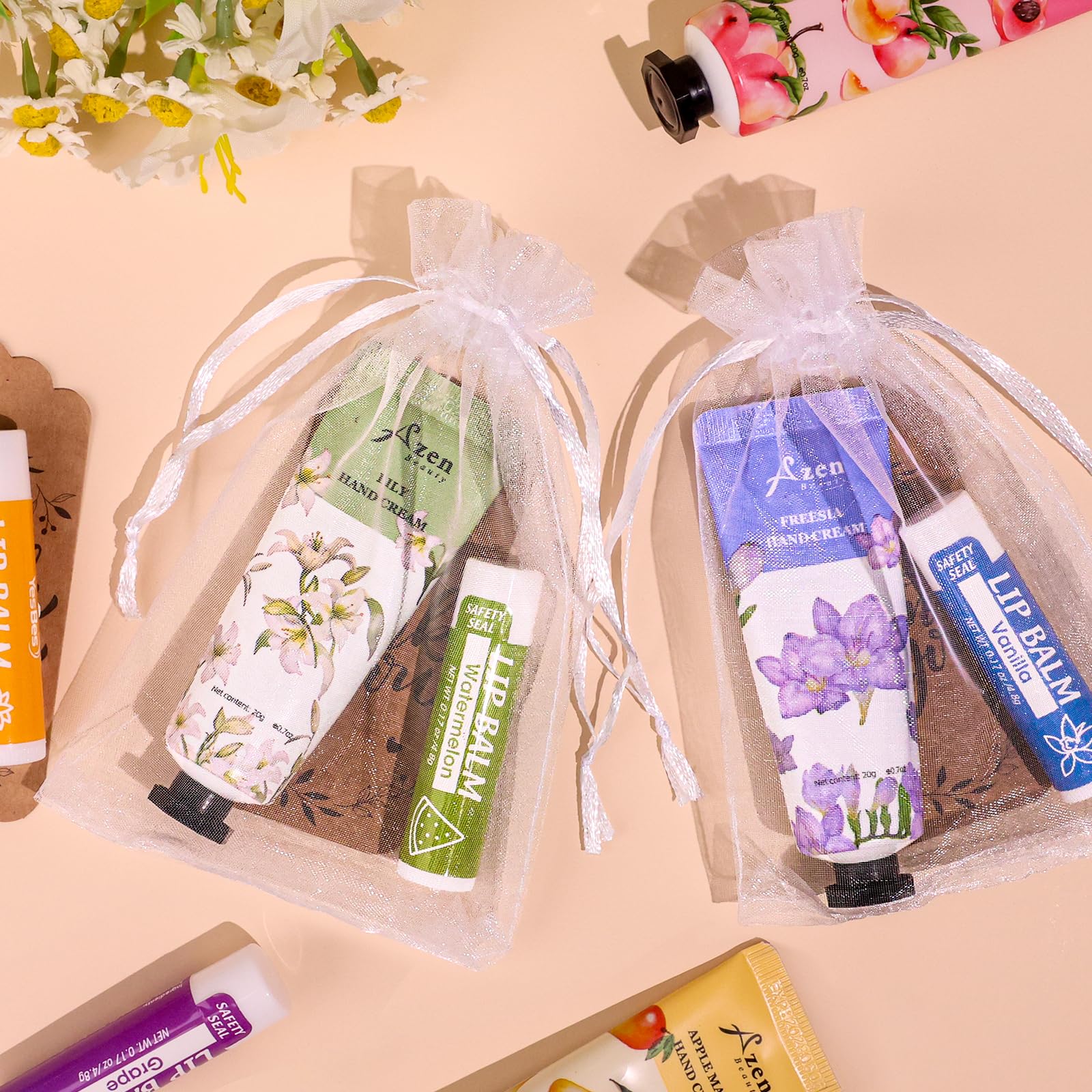 AZEN 8 Sets Bulk Gifts, Hand Cream and Lip Balm Bulk Set with Organza Bag Thank You Card, Baby Shower Wedding Gifts for Guests, Bridal Wedding Favors for Guests,Thank You Gift for Women
