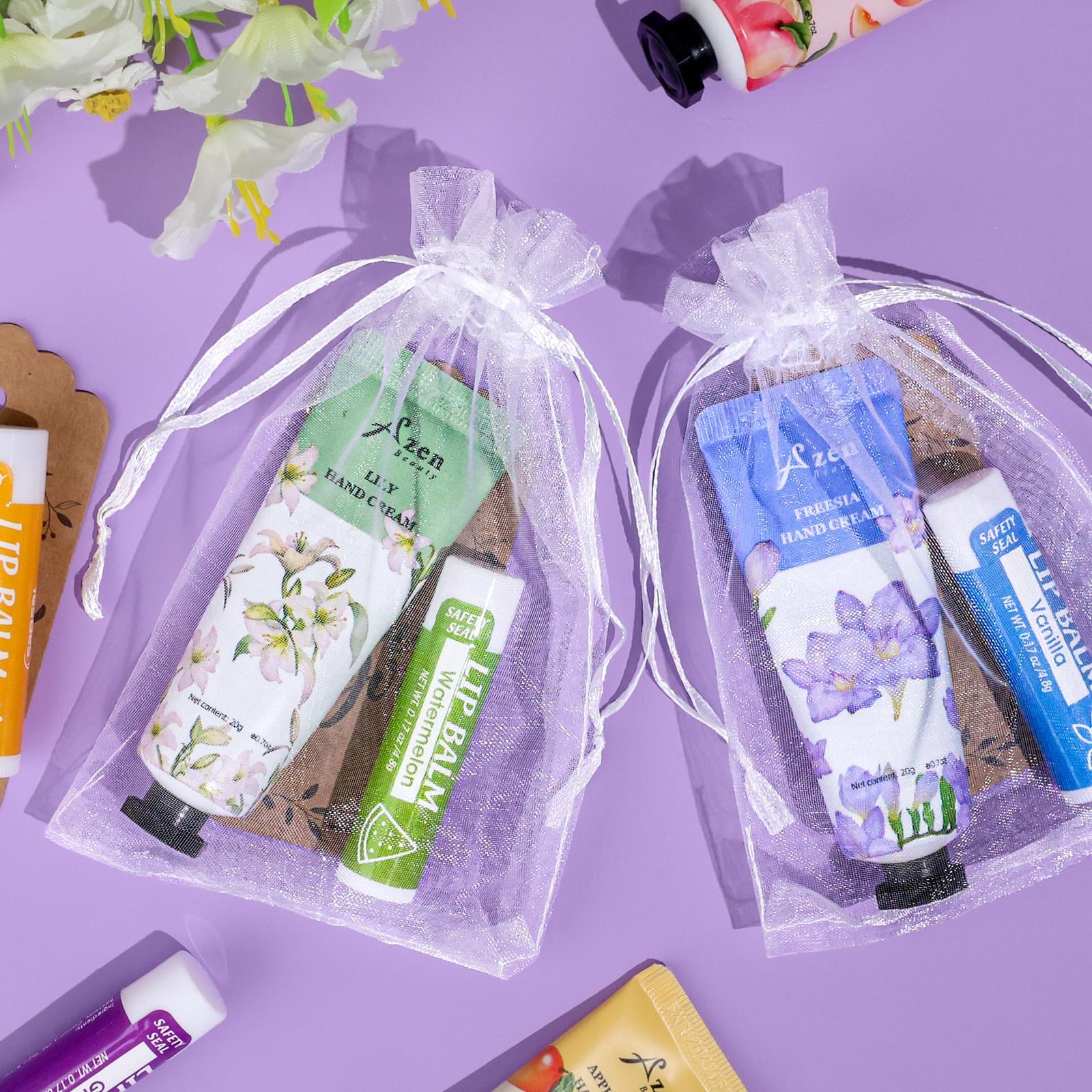 AZEN 8 Sets Bulk Gifts, Hand Cream and Lip Balm Bulk Set with Organza Bag Thank You Card, Baby Shower Wedding Gifts for Guests, Bridal Wedding Favors for Guests,Thank You Gift for Women