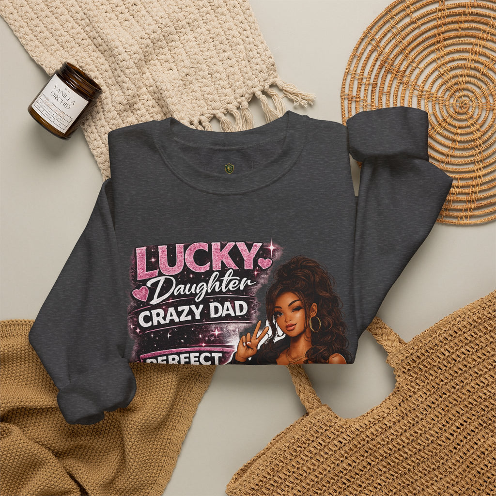 Crewneck Sweatshirt — "Lucky Daughter, Crazy Dad" Pink Graphic Father-Daughter Pullover