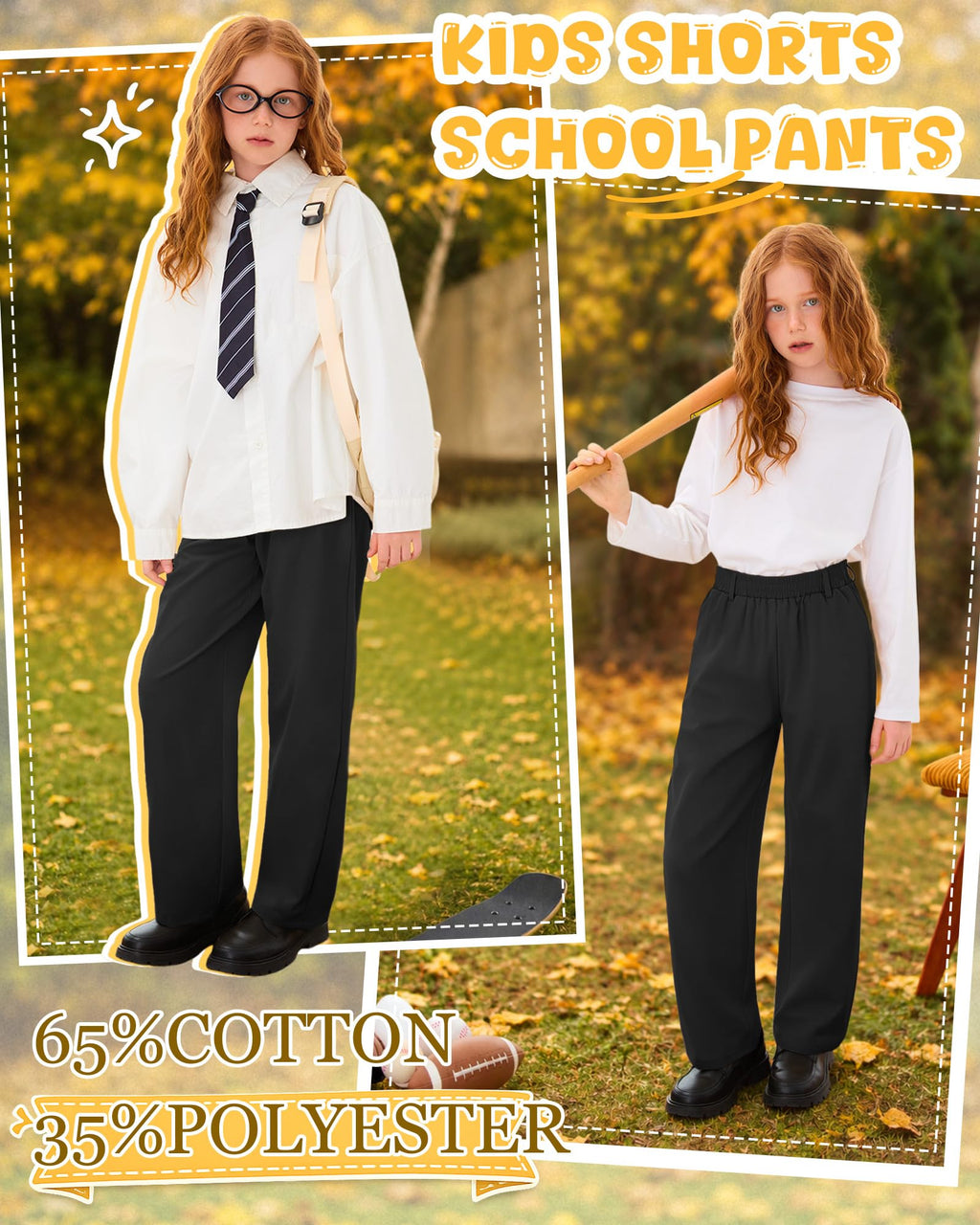 3 Pack Girls' School Uniform Pants | Kids Dress Pants, for 5-14Y Girls, Straight Fit, Elastic Waist, with Pockets, Twill Fabric, Belt Loops, Daily, School, Formal