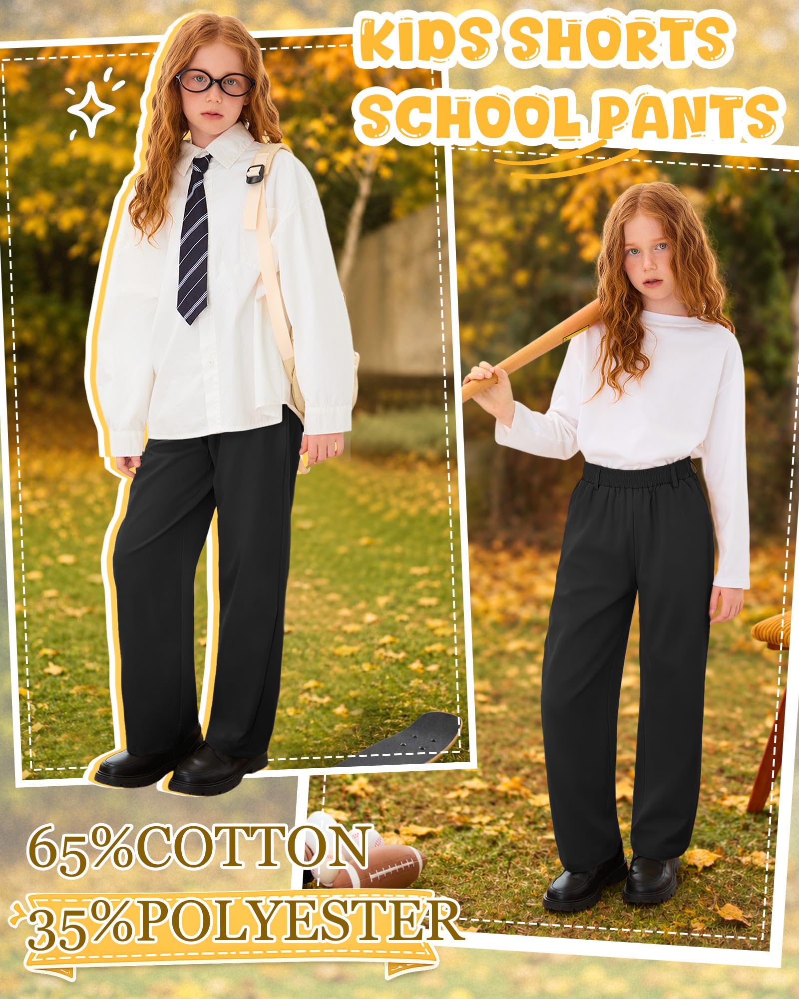 3 Pack Girls' School Uniform Pants | Kids Dress Pants, for 5-14Y Girls, Straight Fit, Elastic Waist, with Pockets, Twill Fabric, Belt Loops, Daily, School, Formal