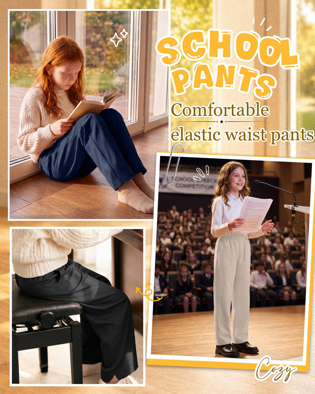 3 Pack Girls' School Uniform Pants | Kids Dress Pants, for 5-14Y Girls, Straight Fit, Elastic Waist, with Pockets, Twill Fabric, Belt Loops, Daily, School, Formal