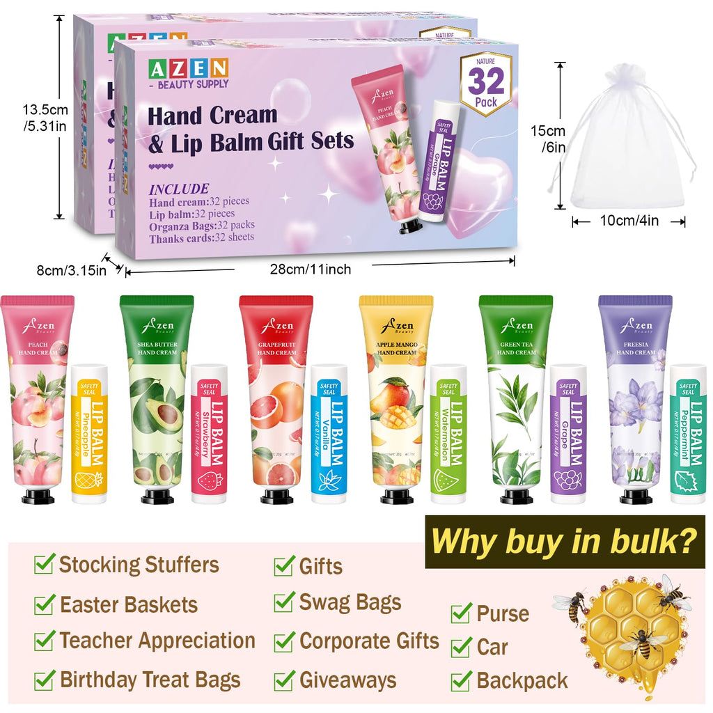 AZEN 8 Sets Bulk Gifts, Hand Cream and Lip Balm Bulk Set with Organza Bag Thank You Card, Baby Shower Wedding Gifts for Guests, Bridal Wedding Favors for Guests,Thank You Gift for Women