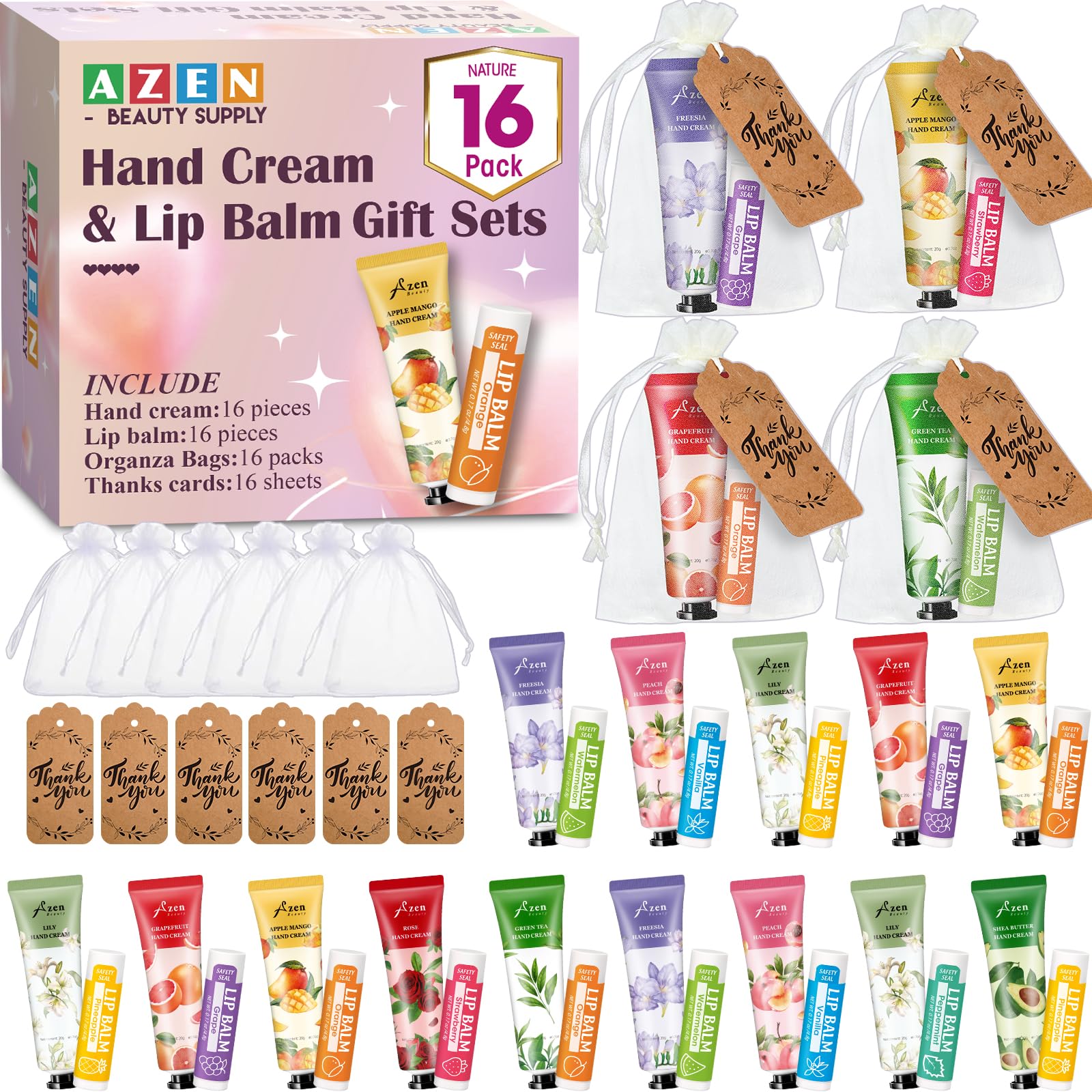AZEN 8 Sets Bulk Gifts, Hand Cream and Lip Balm Bulk Set with Organza Bag Thank You Card, Baby Shower Wedding Gifts for Guests, Bridal Wedding Favors for Guests,Thank You Gift for Women