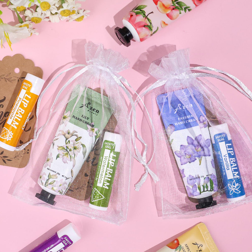 AZEN 8 Sets Bulk Gifts, Hand Cream and Lip Balm Bulk Set with Organza Bag Thank You Card, Baby Shower Wedding Gifts for Guests, Bridal Wedding Favors for Guests,Thank You Gift for Women