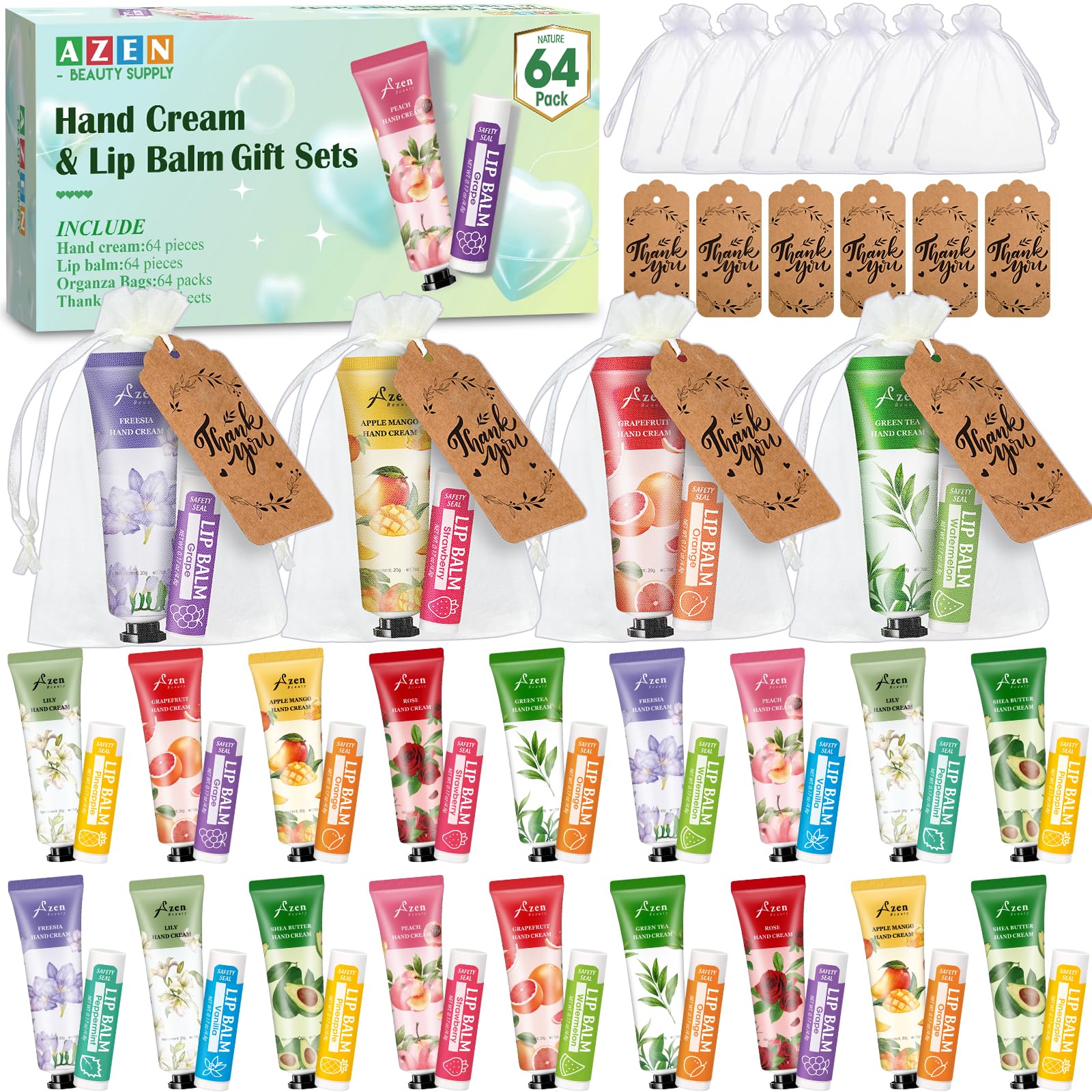 AZEN 8 Sets Bulk Gifts, Hand Cream and Lip Balm Bulk Set with Organza Bag Thank You Card, Baby Shower Wedding Gifts for Guests, Bridal Wedding Favors for Guests,Thank You Gift for Women
